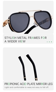 Close-up of double bridge pilot sunglasses with metallic gold accents and CE certification