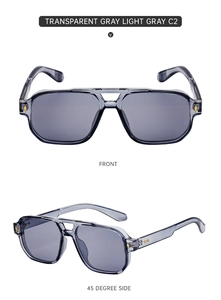 Front and side view of transparent gray square sports sunglasses with dark gray lenses