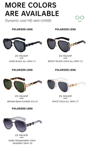 Detail view of five polarized retro punk sunglasses in matte black and gold finishes