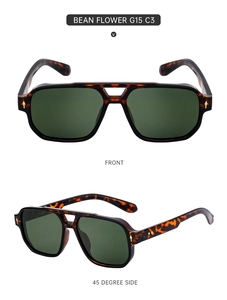 Front and 45-degree side views of retro tortoiseshell square sunglasses with G15 lenses