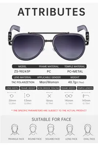 Detailed size guide and technical specifications for polarized pilot sunglasses