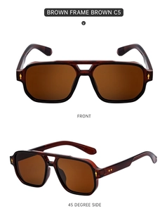 Front and side view of square pilot sunglasses in translucent brown finish