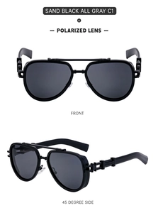 Detail view of polarized pilot sunglasses featuring sand black frame and double bridge