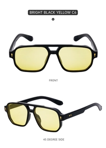 Front and side view of square black sunglasses with yellow lenses and gold temple accents