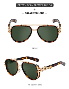 Detail view of retro pilot sunglasses with G15 polarized lenses and gold hollow metal temples
