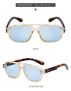 Detail view of transparent yellow pilot sunglasses with blue lenses and tortoiseshell temples