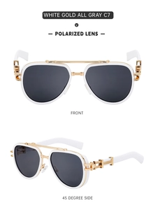 Front and side view of white gold pilot polarized sunglasses with dark gray lenses