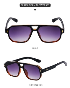 Front and 45-degree views of square sports sunglasses with tortoiseshell frames and purple lenses