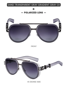 Macro detail of men's double bridge punk sunglasses with polarized gradient gray lenses