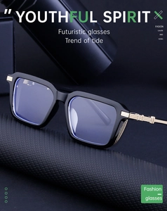Close-up of black square frames with gold metal stripe accents and mesh temple details