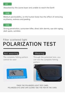 Polarized sunglasses showing UV protection and glare filtering on a blue test card