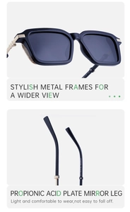 Detail of square black metal frame sunglasses with propionic acid plate temples