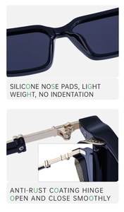 Detail view of comfortable silicone nose pads and rust-proof metal hinges of sunglasses