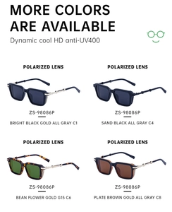 Detailed grid of polarized square sunglasses in black, tortoiseshell and brown finishes