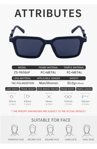 Detailed size chart and specifications for polarized square frame sunglasses model ZS-98086P