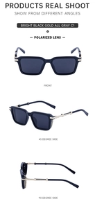 Three views of black polarized sunglasses with gold metal temples and textured lines