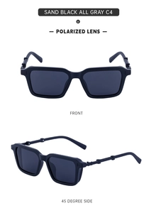 Polarized sand black square frame sunglasses with V logo and side metal stripe details