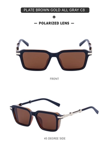 Polarized sunglasses detail showing front and 45-degree side view of grey lenses and C8 frame