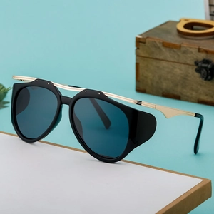 Vintage steampunk sunglasses with black frames, gold metal bridges and dark blue lenses