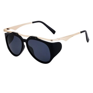 Fashionable oversized irregular sunglasses with black frames and gold metal temples
