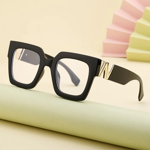 Retro thick black square frame glasses with gold V decoration on pastel geometric props