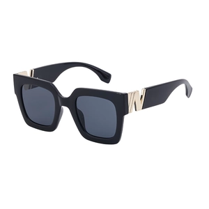 Fashionable square frame sunglasses with gold W-shaped metal accent on black frames