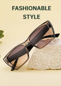 Macro shot of stylish square sunglasses with brown gradient lenses and model FY-99231 detail
