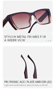 Detail of dark purple gradient square sunglasses with premium metal frames and temple arms