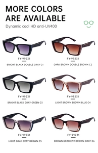 Detailed grid of six stylish cat-eye sunglasses with anti-UV400 lenses and metal accents
