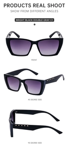 Three-angle views of black cat-eye sunglasses with golden diamond rivets on temples