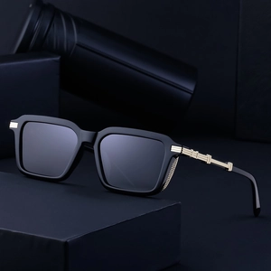 Polarized retro punk square sunglasses with gold metal trim and black frame