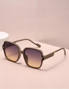 Detail of polarized gradient lenses and geometric embossed temples on oversized sunglasses