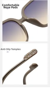 Detail of comfortable nose pads and anti-slip temples on brown polarized sunglasses