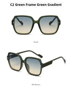Detail view of square green frames and textured temples on polarized sunglasses