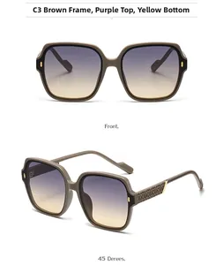 Detailed view of oversized tea frame sunglasses with gradient purple to yellow lenses