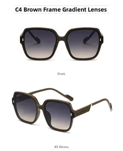 Detail view of square brown sunglasses with gradient lenses and textured woven temples