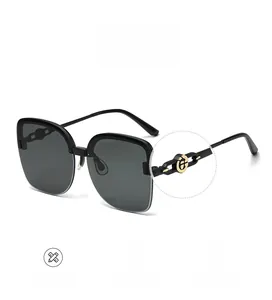 Macro detail of square polarized sunglasses with elegant gold hollow metal temple accents