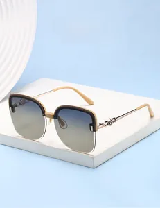 Detail of polarized gradient lenses and khaki temples with metal chain link decoration