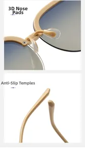 Detail of polarized sunglasses showing comfortable nose pads and non-slip temples