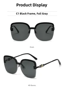 Polarized semi-rimless sunglasses in black frame with gold metal hinges and grey lenses