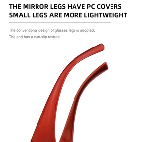 Detail of red PC plastic temple tips with non-slip texture for Y2K sports sunglasses