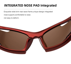 Detail of integrated nose pad on red Y2K sports sunglasses for comfortable fit