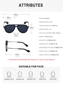 Detailed sizing chart and dimensions for vintage pilot sunglasses with PC frames