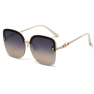 Polarized half-frame women's oversized sunglasses in cream beige with gradient purple lenses