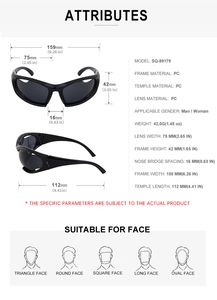 Detailed size specifications for Y2K sporty wrap-around sunglasses with PC frame and lens