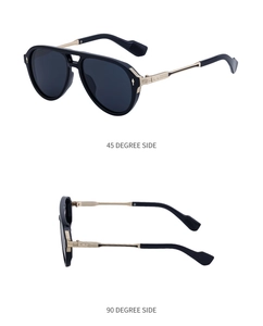 Detailed side view of pilot sunglasses featuring black frames and gold metal temples