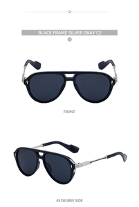 Front and 45-degree side view of classic black aviator sunglasses with silver gray lenses