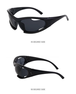 Detailed side views of black wrap-around Y2K sports sunglasses showing aerodynamic frame