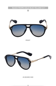 Detail of pilot sunglasses featuring black frames, gold temples and blue gradient lenses