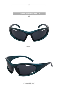 Front and side view of wrap-around green frame Y2K sports sunglasses with grey lenses